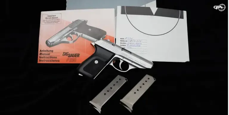Picture of a Sig Sauer P230 with two magazines