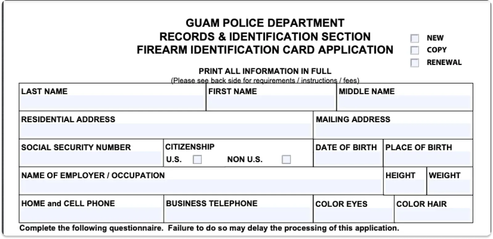 Picture of Guam Police department records & identification section firearm card application
