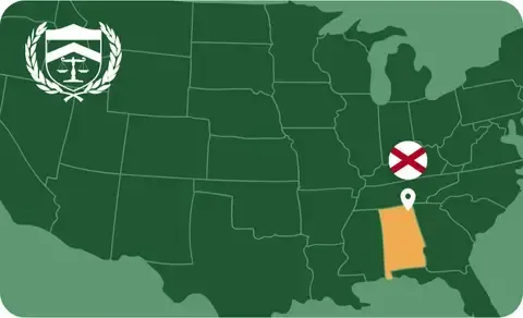 State map with Alabama highlighted, showing that Cash for Arms purchases guns in Alabama