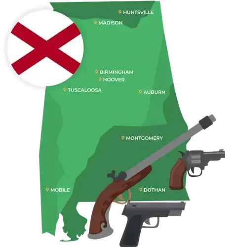 Picture of Alabama State Map with Alabama flag on it and places that we buy guns from.