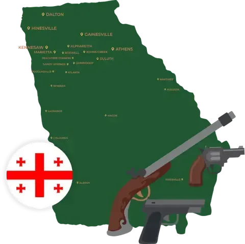 Picture of Georgia State Map with Georgia flag on it and places that we buy guns from.