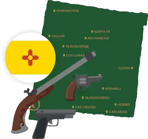 Picture of New Mexico State Map with New Mexico flag on it and places that we purchase guns from.