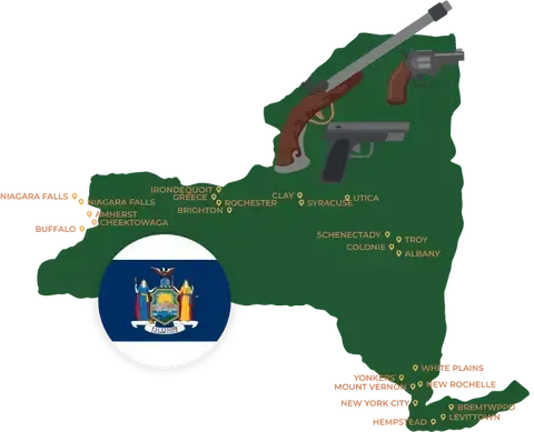 Picture of New York State Map with New York flag on it and places that we purchase guns from.