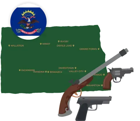 Picture of North Dakota State Map with North Dakota flag on it and places that we purchase guns from.