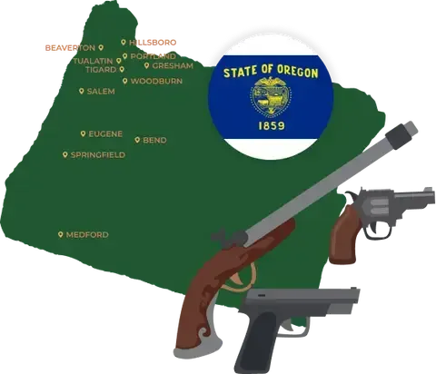 Picture of Oregon State Map with Oregon flag on it and places that we purchase guns from.