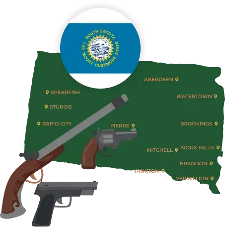 Picture of South Dakota State Map with South Dakota flag on it and places that we buy guns from.