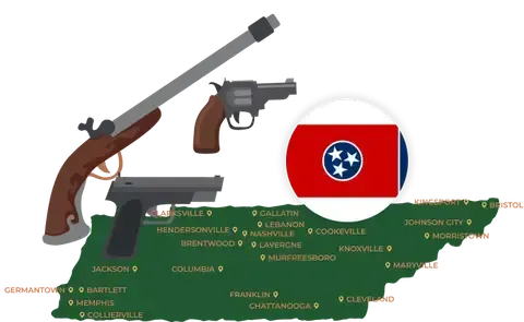 Picture of Tennessee State Map with Tennessee flag on it and places that we purchase guns from.