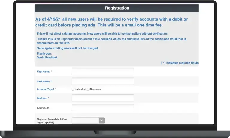 Texas Gun Trader registration page