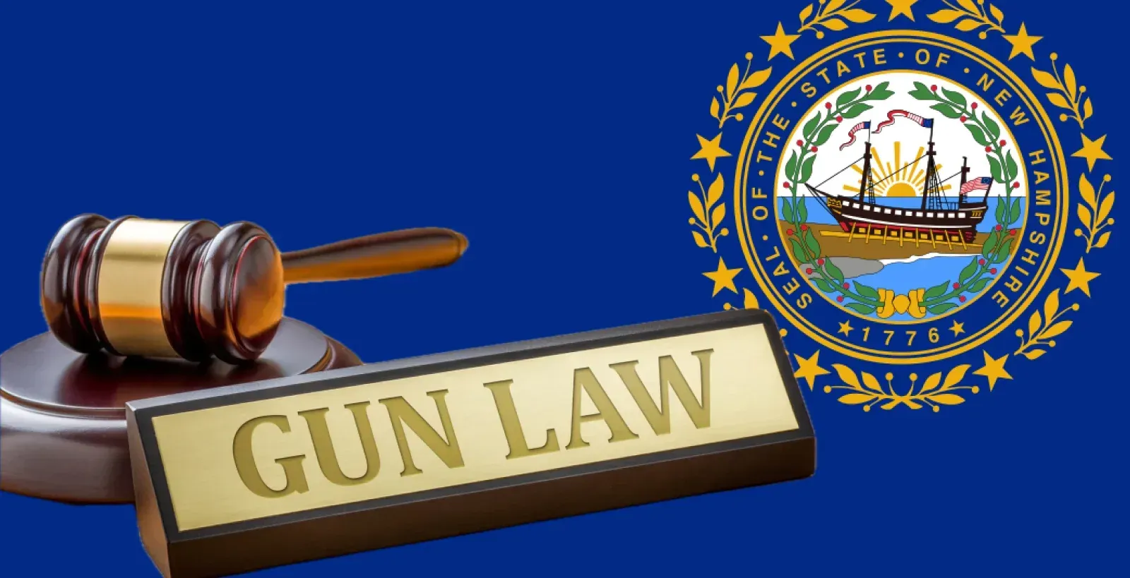 Gun Law plaque with gavel and New Hampshire state flag