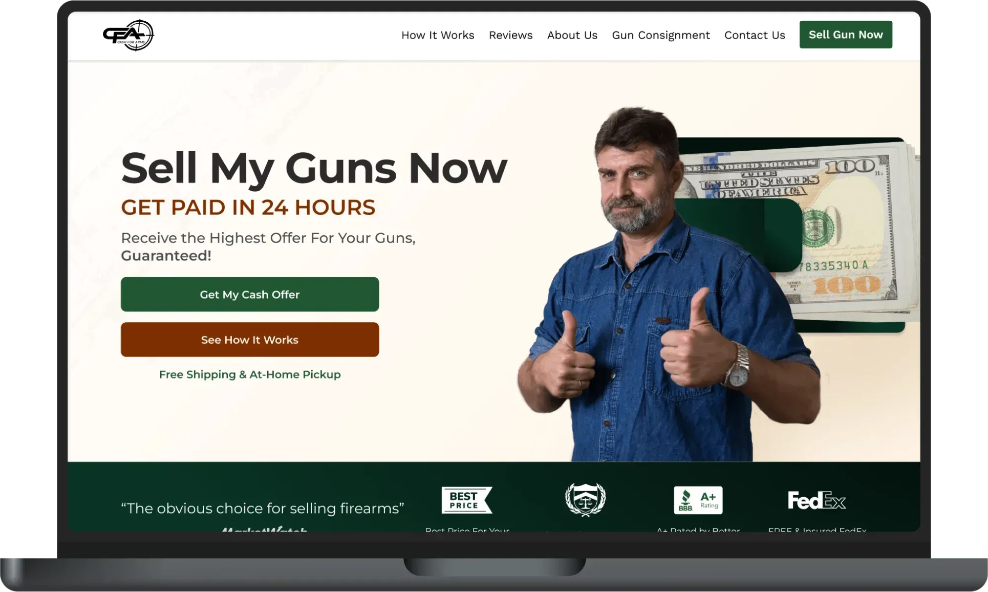 Cash for Arms homepage on a laptop screen