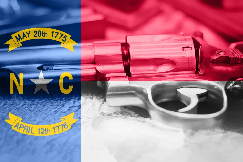 North Carolina state flag with a gun in the background