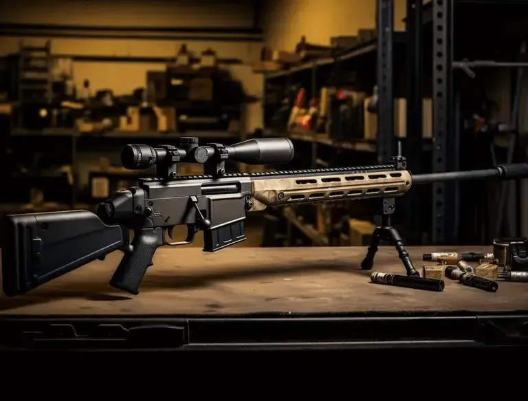 Sniper rifle on gun stand on a table