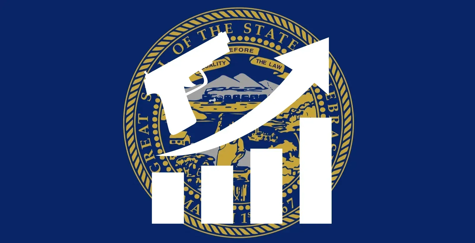 Nebraska flag with arrow going up and a gun showing increase in guns
