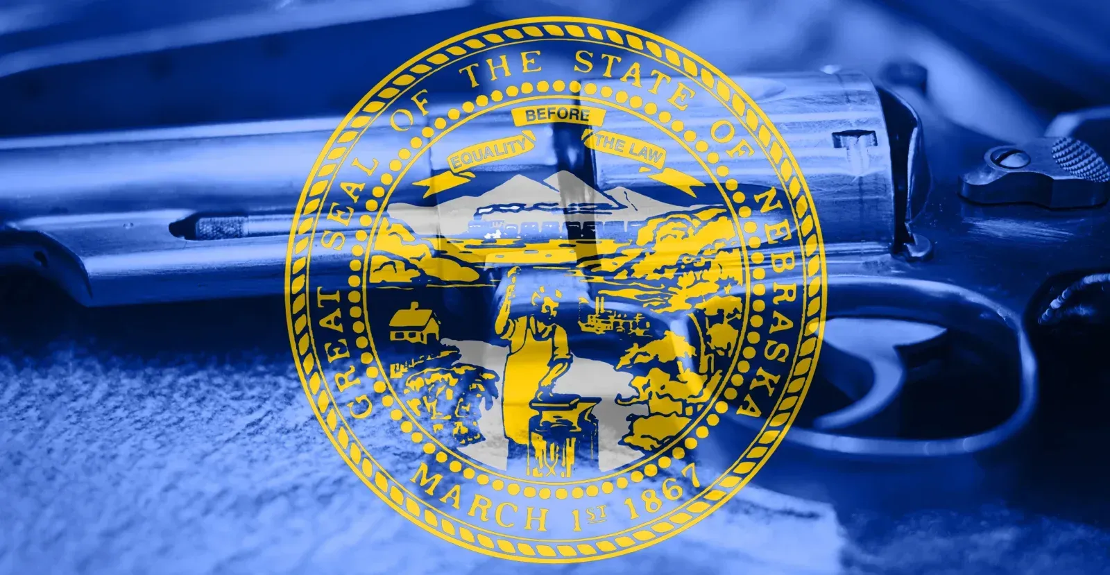 Nebraska State Flag with gun in the background