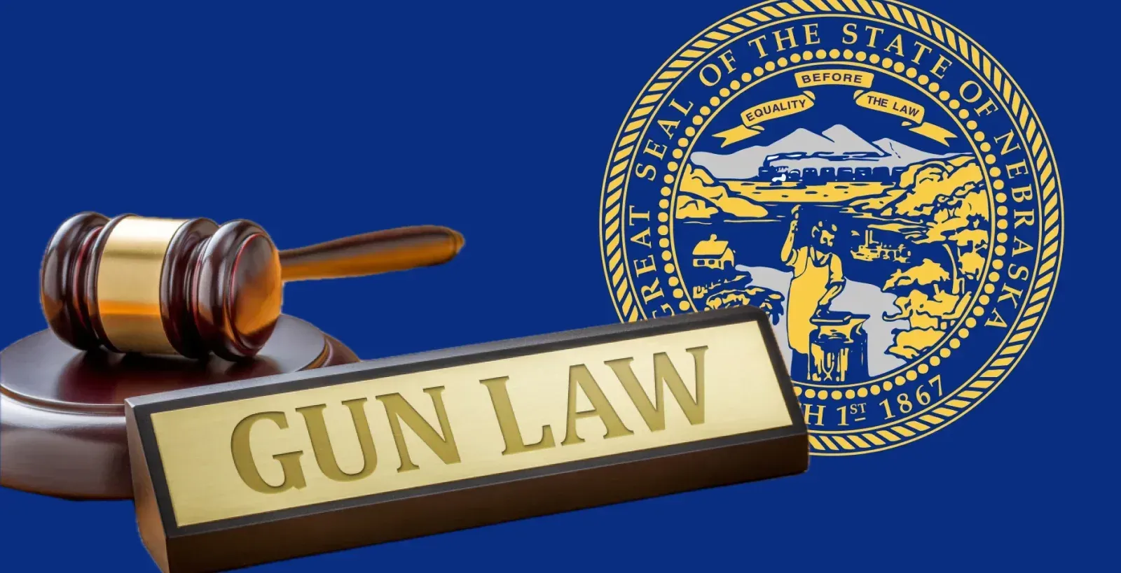 Nebraska state flag with gun law and gavel