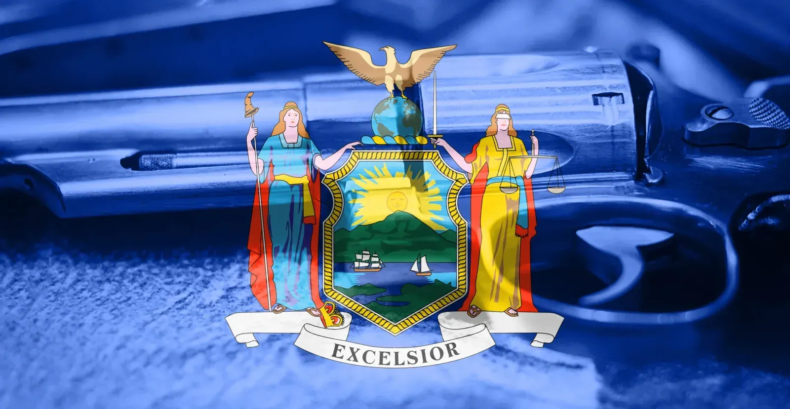 New York state flag with handgun in the background