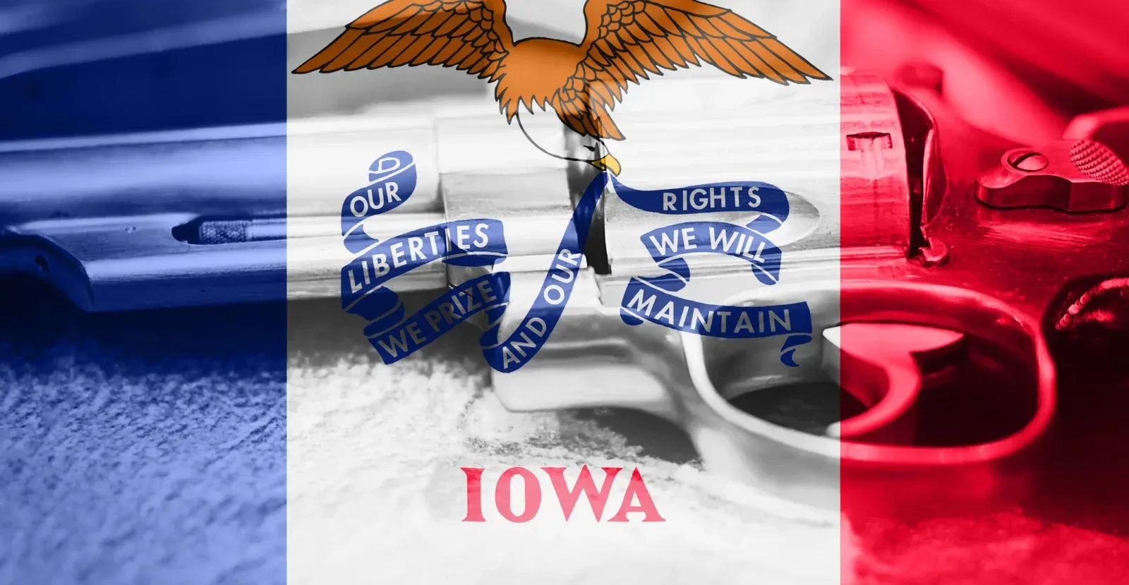 Iowa state flag with handgun in the background