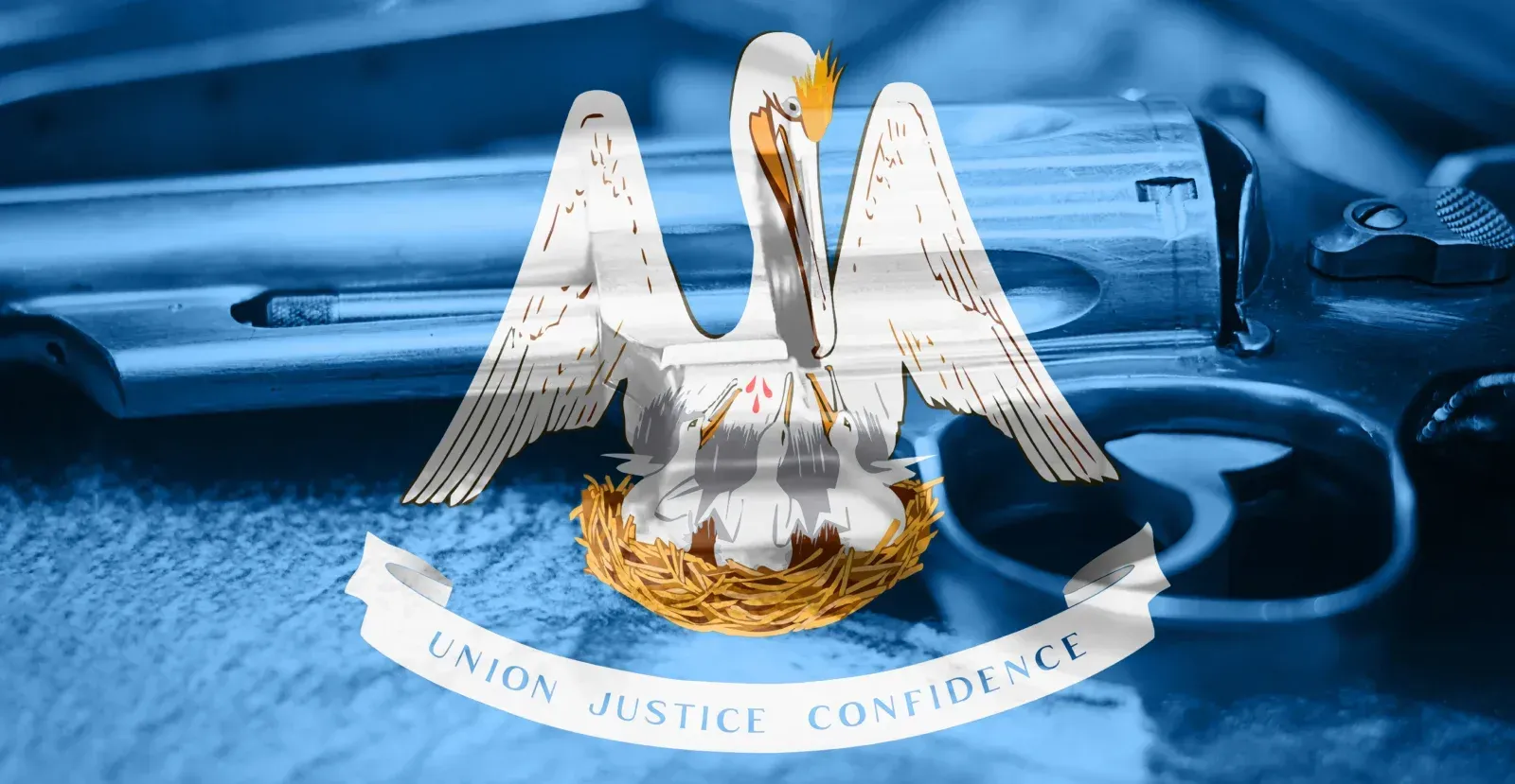 Louisiana State flag with a gun behind it