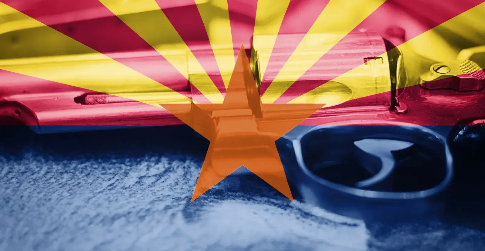 Arizona state flag with a gun behind it