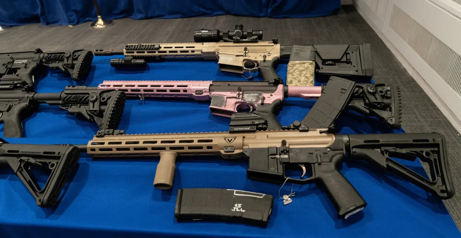 Guns laying on a table