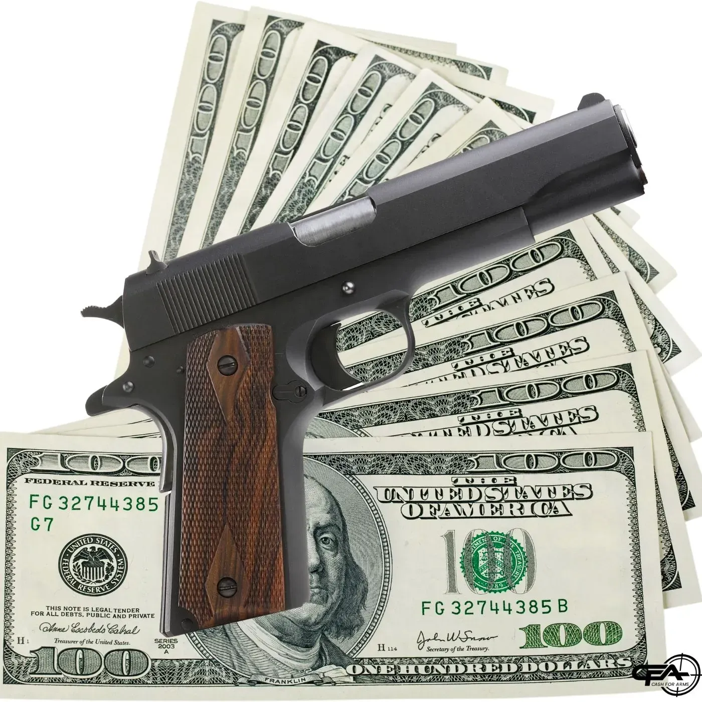 Handgun on hundred dollar bills