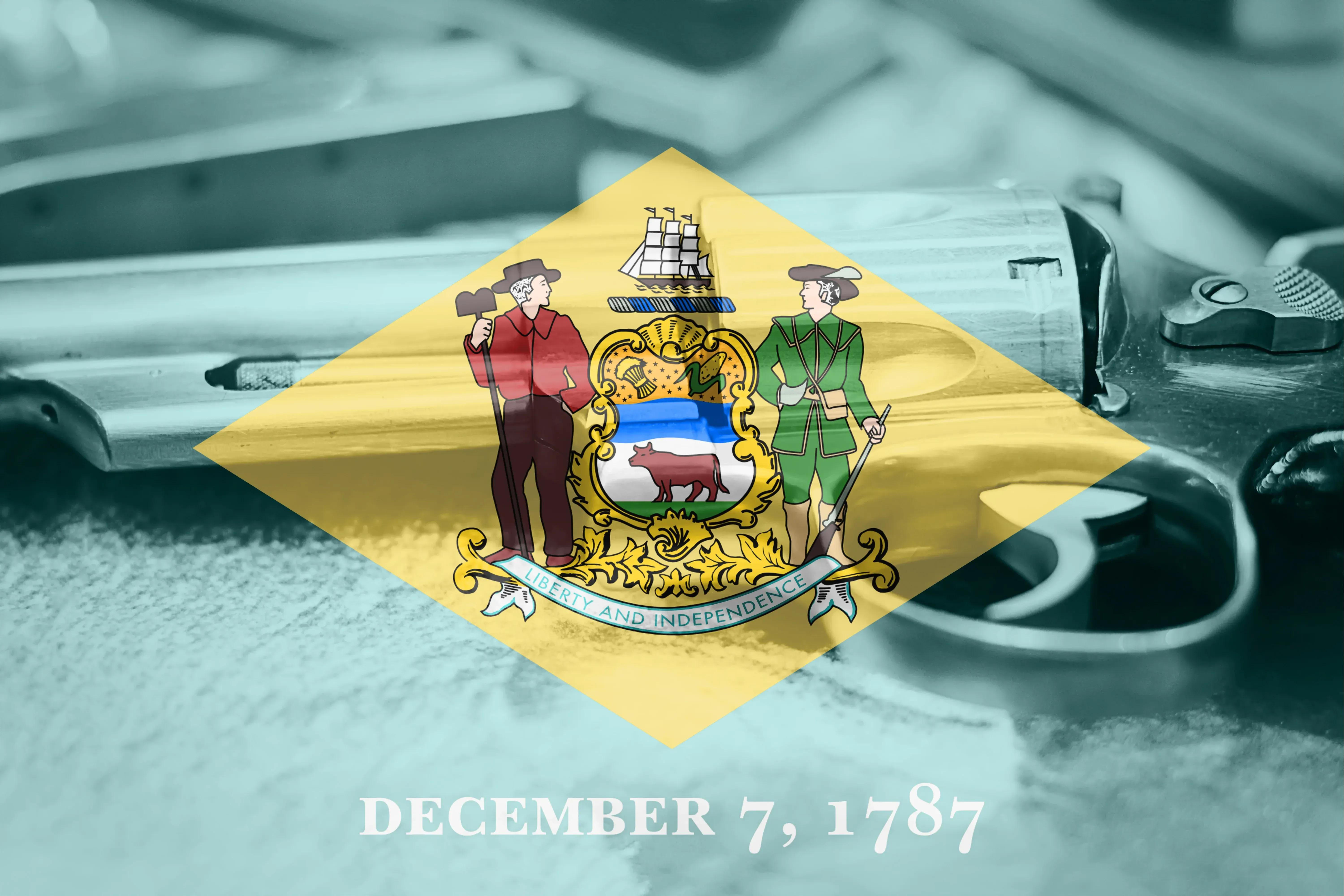 Delaware flag on top of a revolver