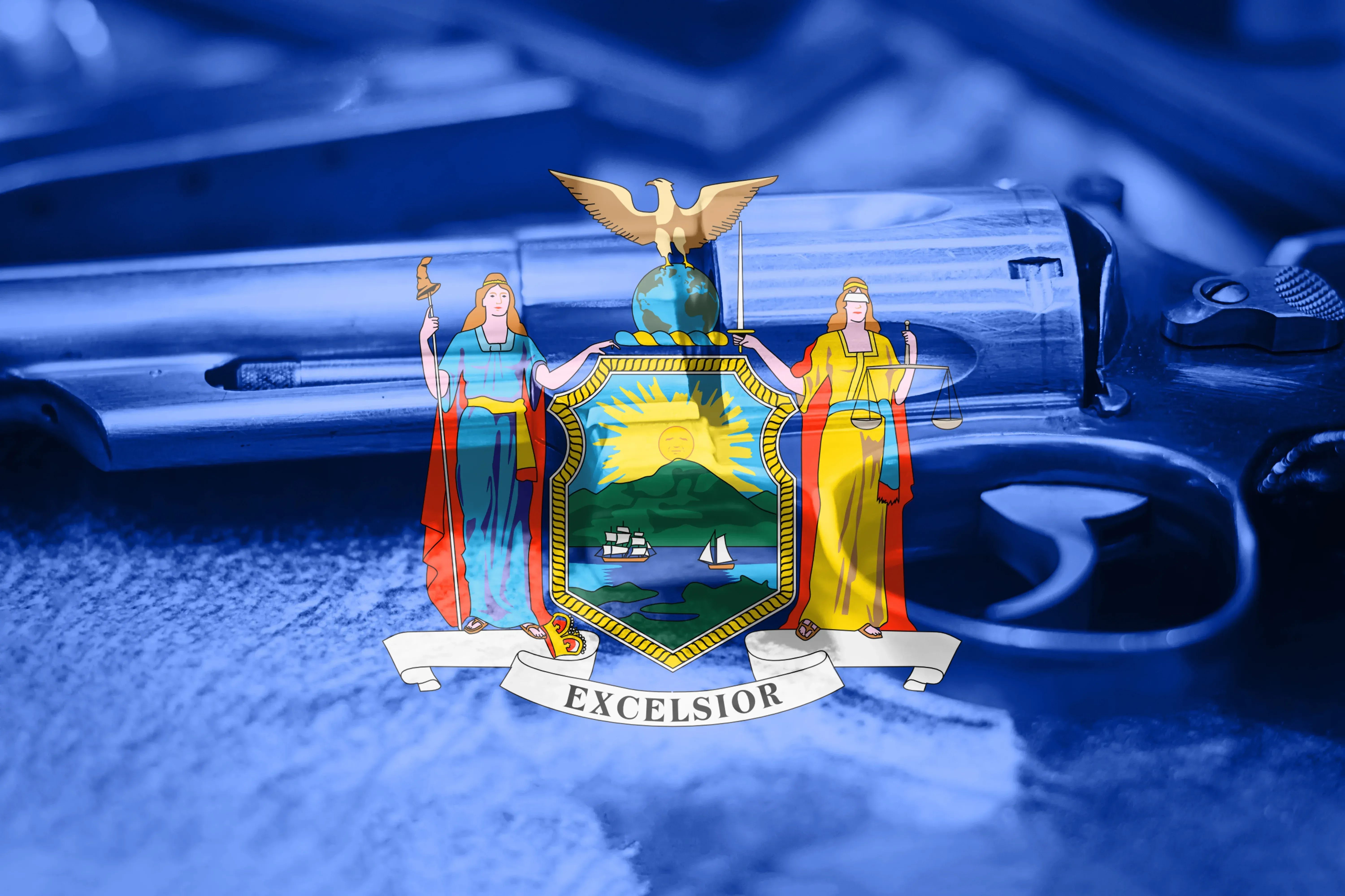 New York flag on top of a revolver