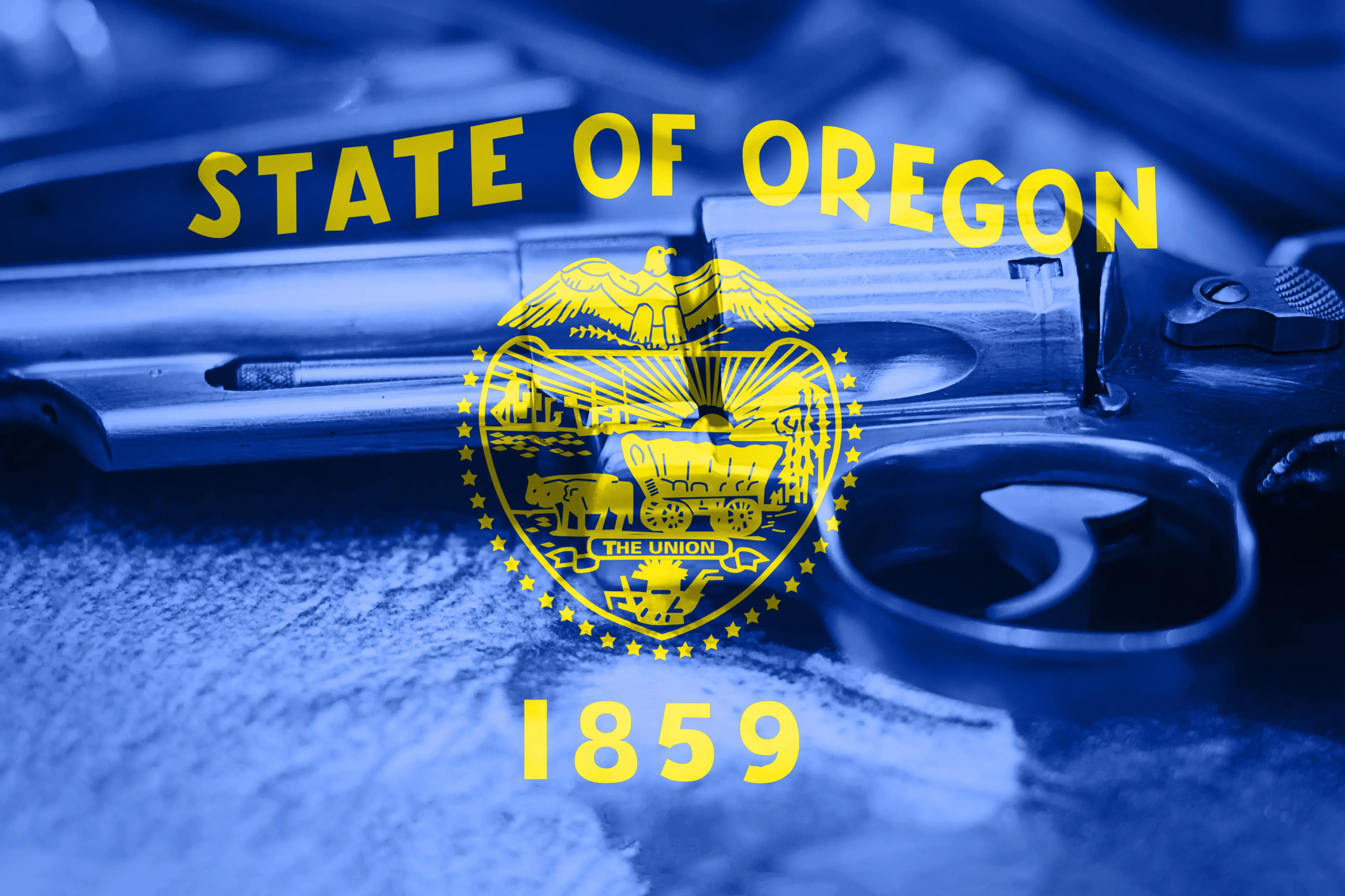 Oregon flag on top of a revolver