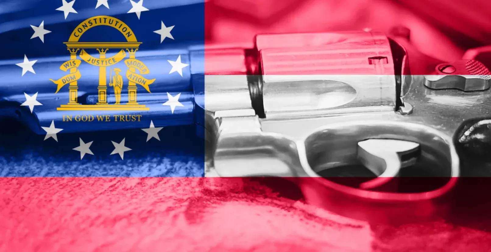 Georgia state flag over a revolver