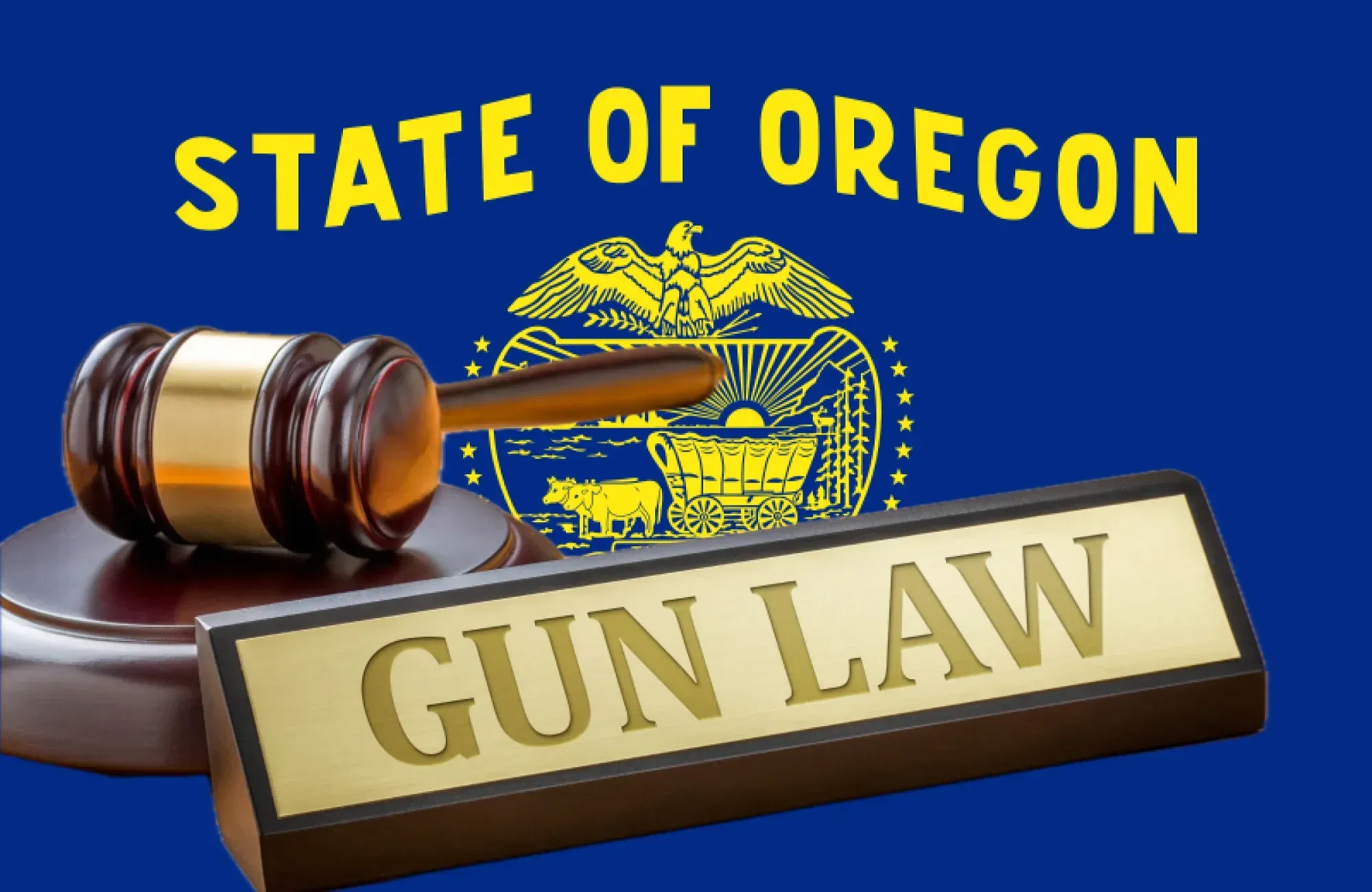 State flag of Oregon with a gavel in front of it