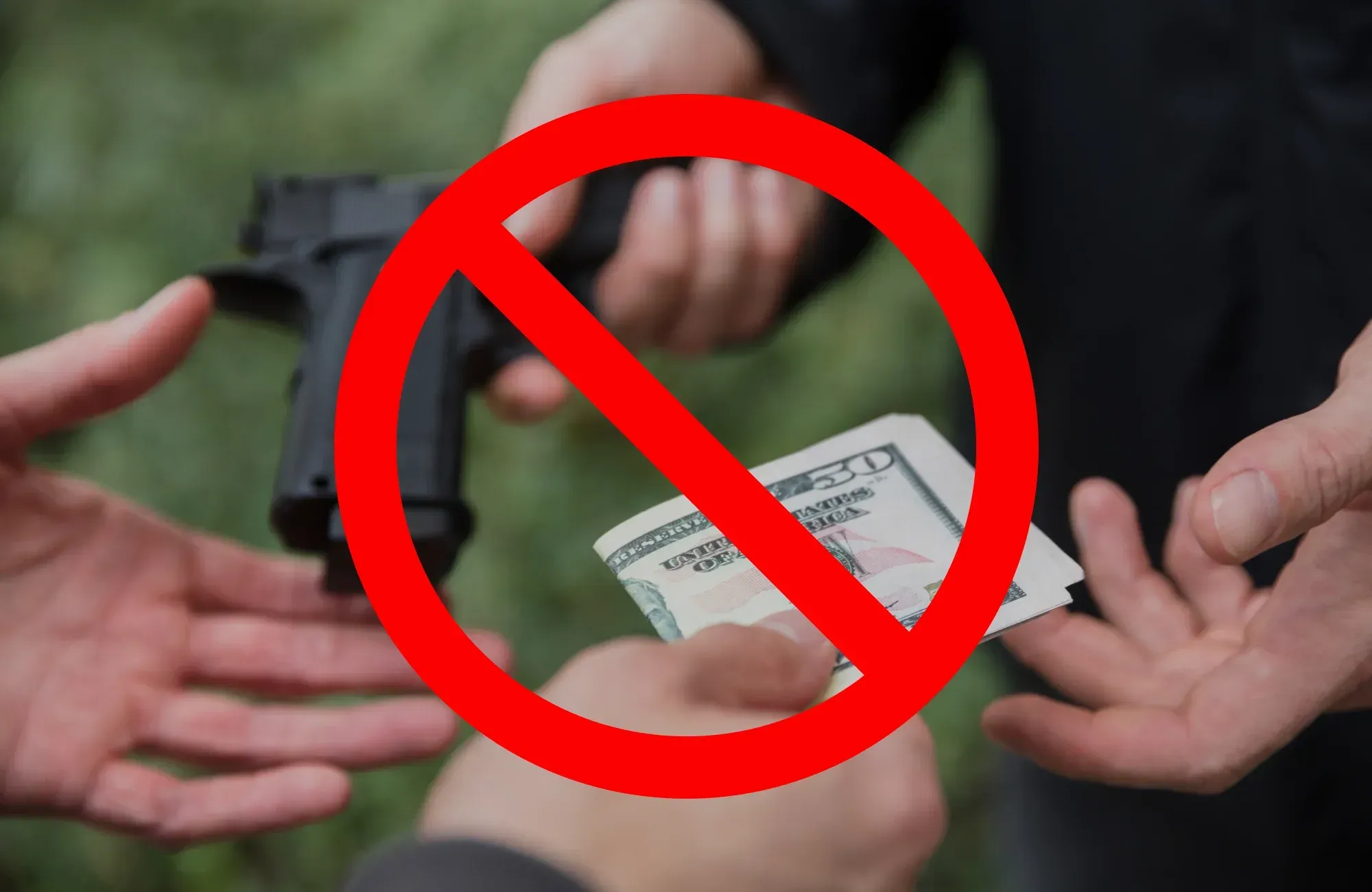 Two people exchanging a handgun for cash with a red slash in front of it
