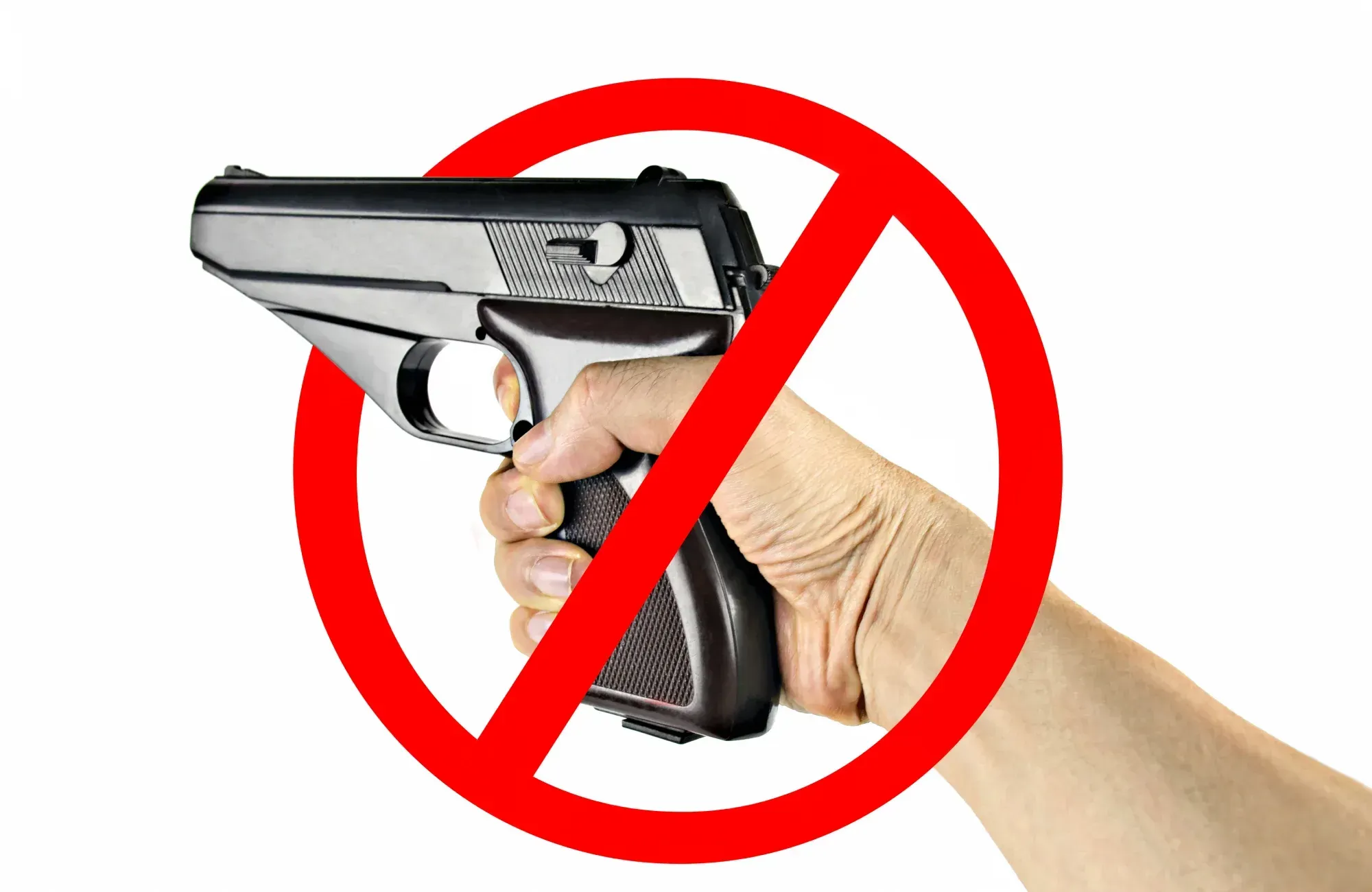 Handgun with a red slash in front of it