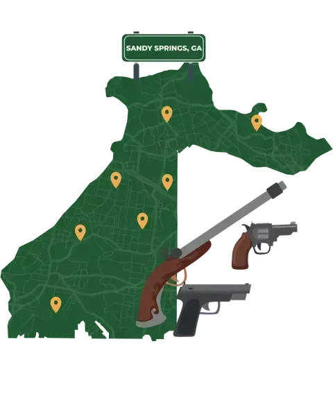 Picture of Sandy Springs, Georgia City Map with Sandy Springs sign on it and places that we buy guns from.