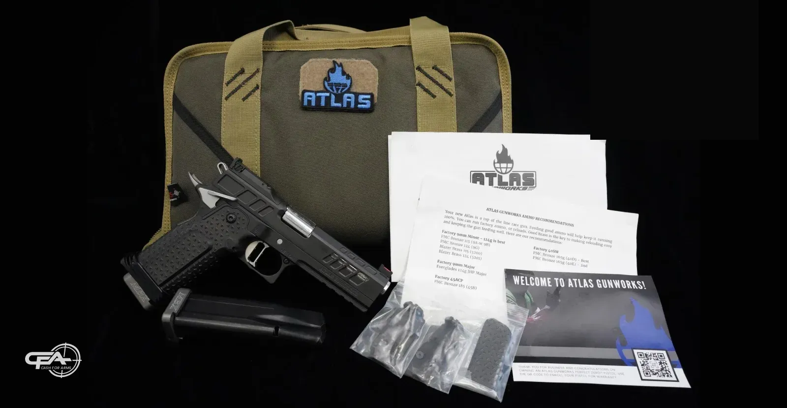 Atlas Gunworks gun with case and documentation