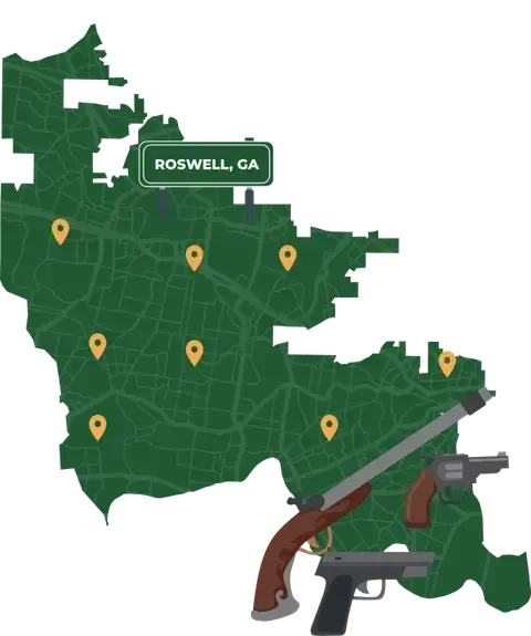 Picture of Roswell, Georgia City Map with Roswell sign on it and places that we buy guns from.