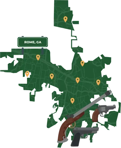 Picture of Rome, Georgia City Map with Rome sign on it and places that we buy guns from.