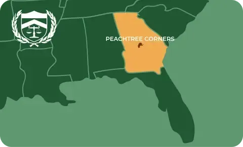 State map with Peachtree Corners, Georgia highlighted, showing that Cash for Arms purchases guns in Peachtree Corners