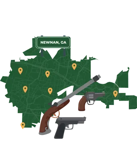 Picture of Newnan, Georgia City Map with Newnan sign on it and places that we buy guns from.