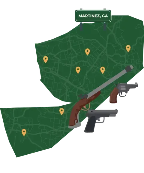 Picture of Martinez, Georgia City Map with Martinez sign on it and places that we buy guns from.