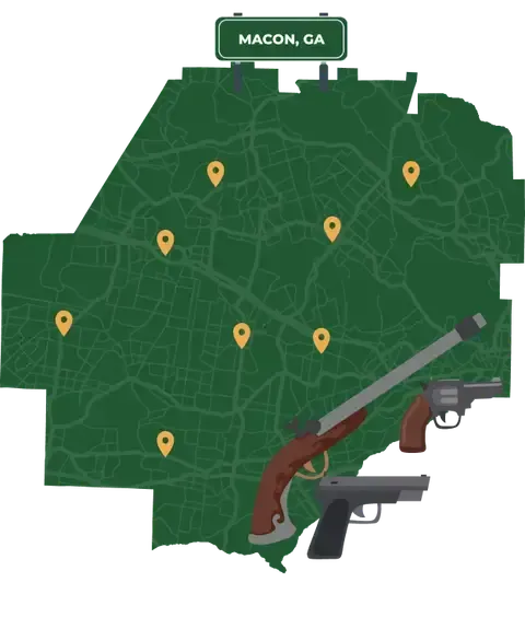 Picture of Macon, Georgia City Map with Macon sign on it and places that we buy guns from.