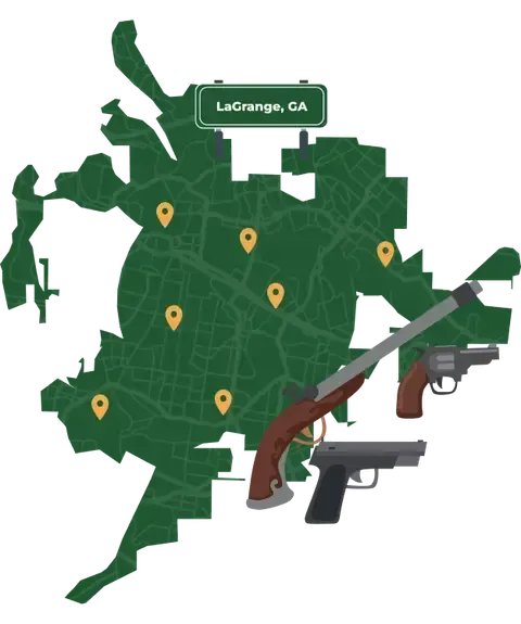 Picture of LaGrange, Georgia City Map with LaGrange sign on it and places that we buy guns from.