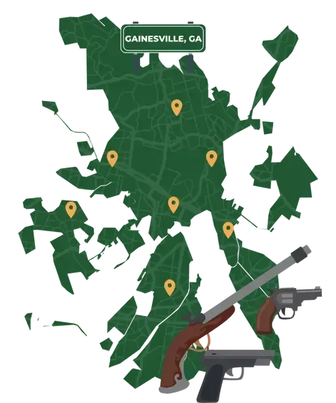 Picture of Gainesville, Georgia City Map with Gainesville sign on it and places that we buy guns from.