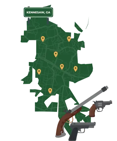 Picture of Kennesaw, Georgia City Map with Kennesaw sign on it and places that we buy guns from.