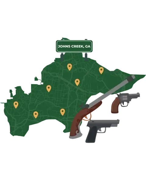 Picture of Johns Creek, Georgia City Map with Johns Creek sign on it and places that we buy guns from.