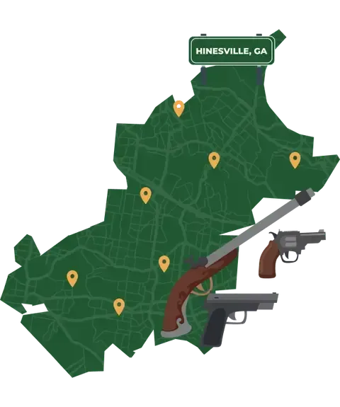 Picture of Hinesville, Georgia City Map with Hinesville sign on it and places that we buy guns from.