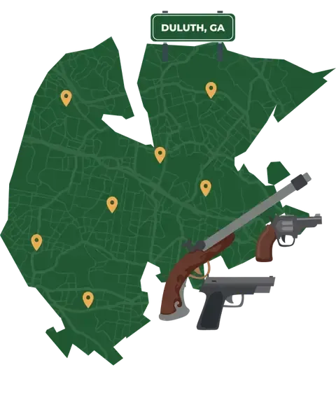 Picture of Duluth, Georgia City Map with Duluth sign on it and places that we buy guns from.