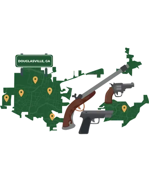 Picture of Douglasville, Georgia City Map with Douglasville sign on it and places that we buy guns from.