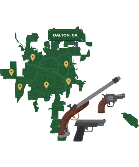 Picture of Dalton, Georgia City Map with Dalton sign on it and places that we buy guns from.