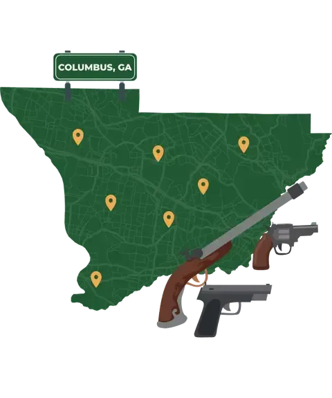 Picture of Columbus, Georgia City Map with Columbus sign on it and places that we buy guns from.