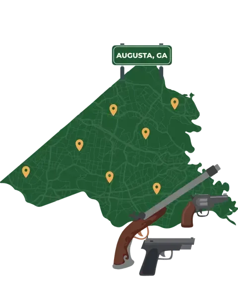 Picture of Augusta, Georgia City Map with Augusta sign on it and places that we buy guns from.